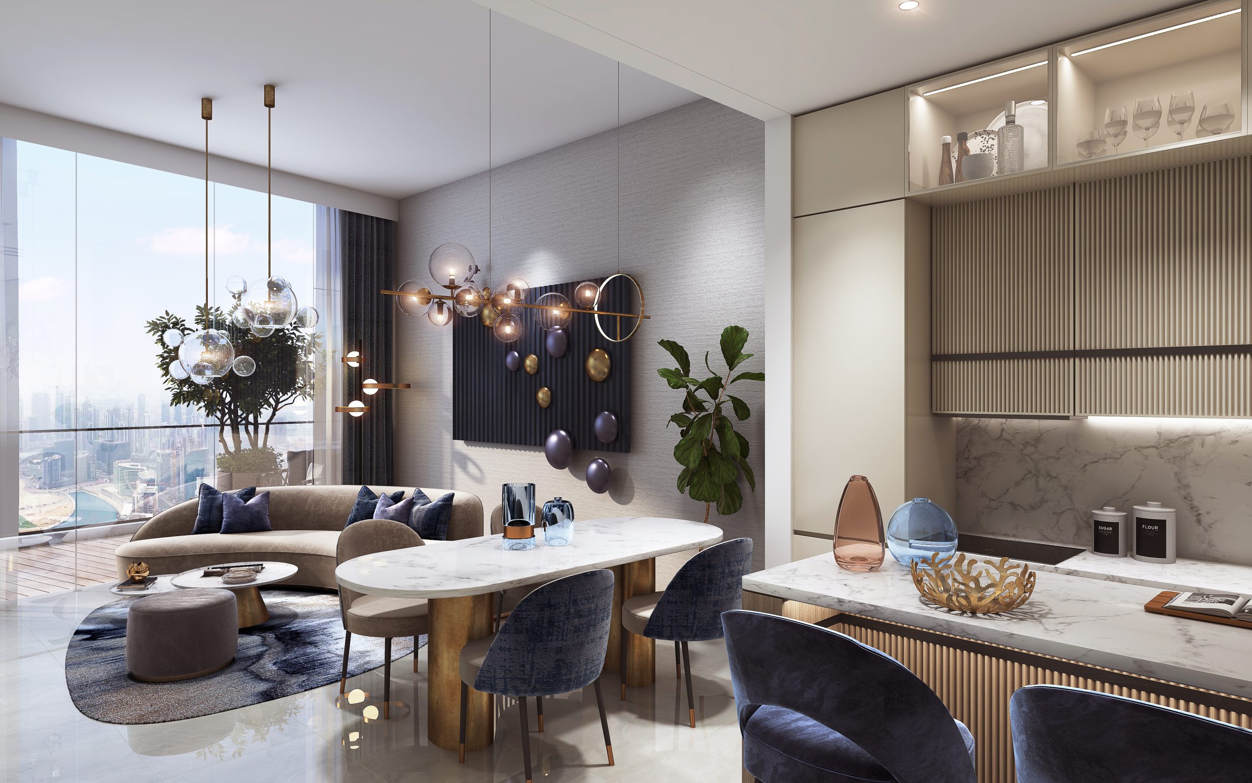 De GRISOGONO branded apartment living and dining area with canal views