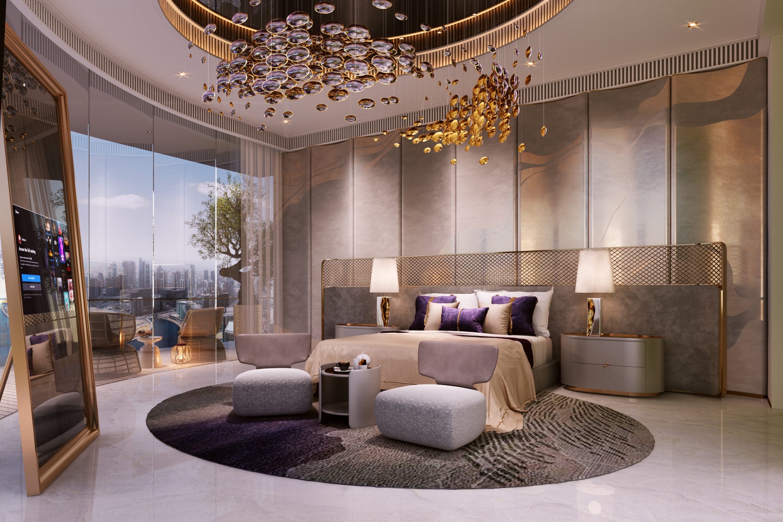 De GRISOGONO master bedroom with gold chandelier and luxury finishes